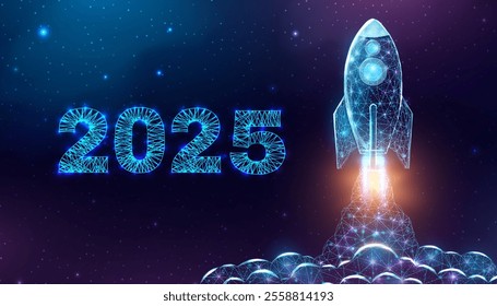 Rocket launch, wireframe polygonal style. 2025 start concept with glowing low poly rocket. Futuristic modern abstract background. Vector illustration.