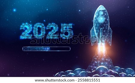 Rocket launch, wireframe polygonal style. 2025 loading start concept with glowing low poly rocket. Futuristic modern abstract background. Vector illustration.
