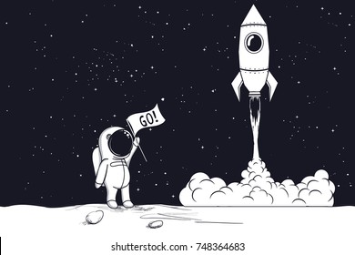 Lanzamiento del cohete.Astronaut da el comando a la ilustración start.Vector