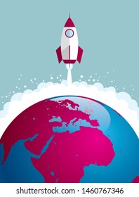 The rocket is launched from the earth. Isolated on blue background.