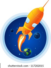 Rocket launched into space, planets and earth in background
