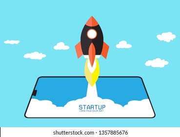 Rocket launched from the phone. start up idea. mobile development and technology. vector illustration in flat style on blue sky clouds background