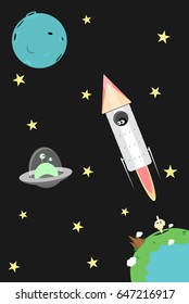 Rocket launched from a planet with astronaut looking at the smiling alien in a flying saucer. UFO approaches to a spacecraft in the outer space. First contact funny flat vector cosmos illustration
