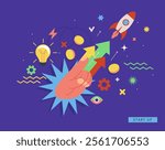 The rocket is launched towards the target pointed at by the hand. Bright concept of startup, service launch,startup, development with symbols of new business. Vector for web, banner,flyer,social media