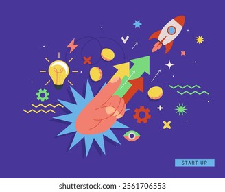 The rocket is launched towards the target pointed at by the hand. Bright concept of startup, service launch,startup, development with symbols of new business. Vector for web, banner,flyer,social media