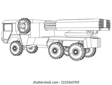 Lanzador de cohetes. Cohetes y conchas. Equipo militar especial. Ataque aéreo. Máquina militar vectorial. Logotipo de vehículo militar.