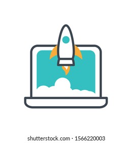 rocket launcher start up with laptop vector illustration design