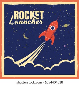 Rocket launcher startup rocket retro poster with vintage colors and grunge effect. Vector, illustration, isolated