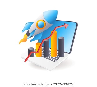 The rocket launches with a control computer flat illustration