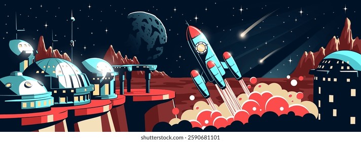 Rocket launches from futuristic space base on a red planet surrounded by unique structures during vibrant cosmic scene with celestial bodies. Vector retro style