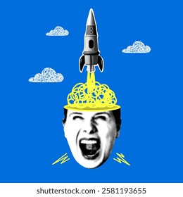 Rocket launches from a human brain. Modern collage. Concept of idea and inspiration. Brainstorm. Creative thinking. Rocket launches from head of screaming woman