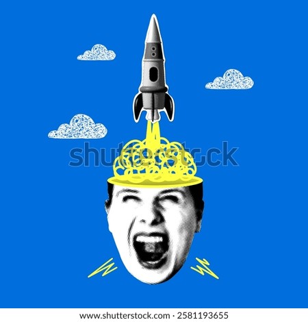 Rocket launches from a human brain. Modern collage. Concept of idea and inspiration. Brainstorm. Creative thinking. Rocket launches from head of screaming woman
