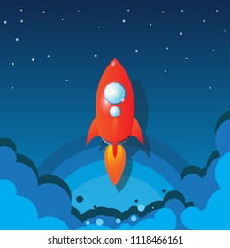 Rocket launches into the night sky. Business or startup concept