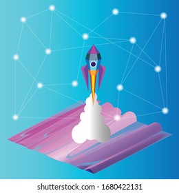 Rocket launches into the sky to reach the destination.