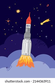 Rocket launches into space in a cloud of gases, fire against the background of the cosmic sky. Banner concept about space flights, study of planets, stars, universes. Cartoon vector illustration