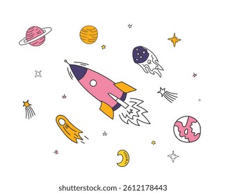 Rocket launches into space with star icon planet and kid pattern moon hand line background drawn vector illustration spaceship galaxy sky sketch cute universe outline art astronaut solar earth ship