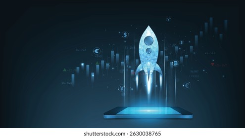 Rocket launches from a mobile phone and candlesticks chart digital on dark blue background mean The business growth currency stock market share investment economy. leadership strategy achievement.