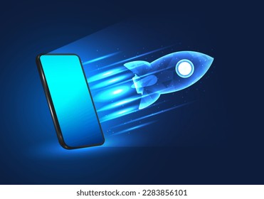 Rocket launches from a mobile phone mean The technology of smartphones comes to help manage business management or conduct transactions Handling information for sending information to customers