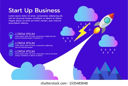 Rocket launches on clouds with rain and lightning. And project concepts for starting a business And able to overcome obstacles
