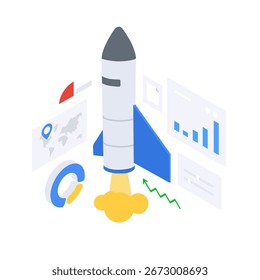 Lanzamientos de cohetes rodeados de gráficos digitales. El crecimiento de las startups y el análisis de negocios están representados. Concepto de innovación y éxito basado en datos