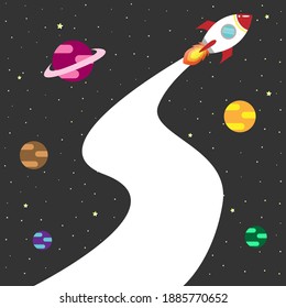 rocket launching to the air among colorful planets and stars cartoon vector