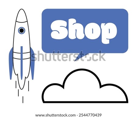 Rocket launching beside a cloud and blue speech bubble with shop text. Ideal for startup promotions, business innovation, e-commerce, space-themed marketing, and futuristic advertisement concepts