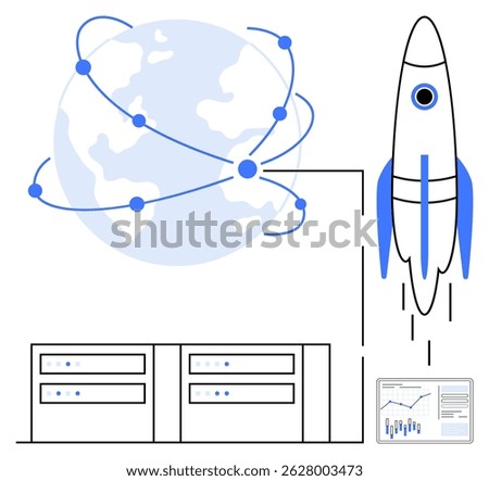 Rocket launching beside a globe with connected nodes, data servers, and analytics screen. Ideal for technology, connectivity, innovation, data analysis, space exploration, global reach, network