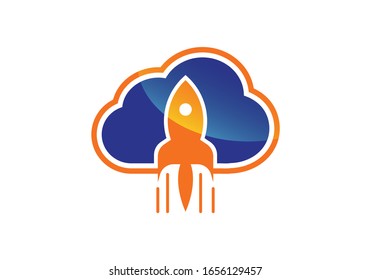 Rocket launching from a blue cloud symbolizing cloud computing and innovation