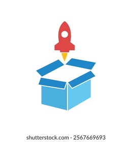 Rocket launching in blue open box for new beginnings concept. Suitable for business growth, startup success, innovation illustrations.