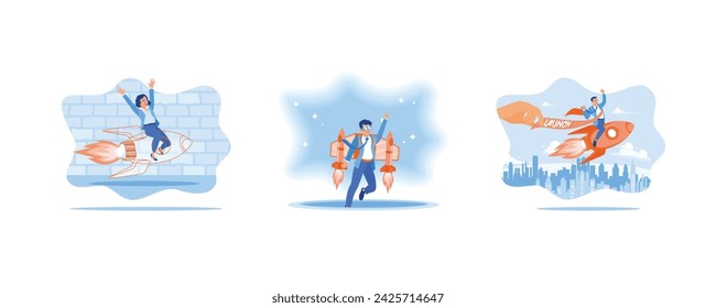 Rocket is launching boost concept. Business start up or successful project progress. Idea of professional development and entrepreneurship. Set Flat vector illustration.