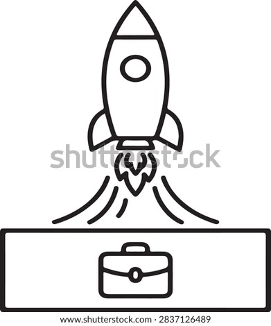 Rocket launching from a briefcase representing business startup and career growth with line art black and white briefcase business ignition enterprise management ambition leadership strategy