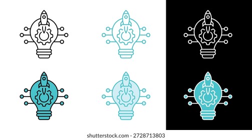 Lanzamiento de cohete desde el icono de bombilla para negocios creativos y desarrollo de nuevas ideas en línea y estilo de relleno