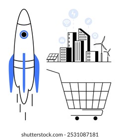 A rocket launching with a city skyline and a shopping cart. City has wind turbines and solar panels. Ideal for innovation, sustainability, smart technology, urban planning, e-commerce. Minimalist