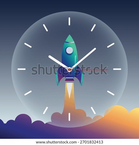 Rocket launching from clock face symbolizing fast startup time