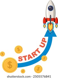 Rocket launching with coins and start-up text