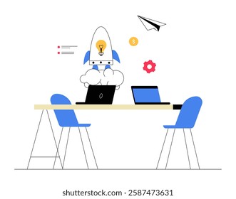 Rocket Launching From Desk In Flat Vector Illustration Symbolizing Startup Innovation, Business Growth, And Entrepreneurship, Isolated On White Background.