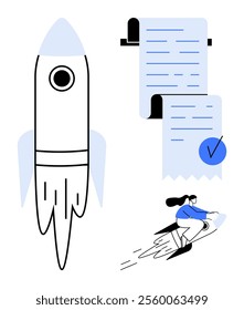 Rocket launching with document checklist featuring checkmark and person riding a rocket. Ideal for startup success innovation productivity business goals achievement. Simple clean vector style