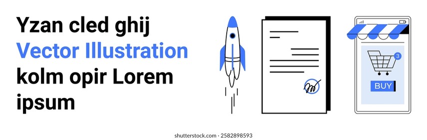 Rocket launching, document with symbols, and an online shopping interface. Ideal for business, technology, e-commerce, innovation, and digital marketing themes. Banner for landing page