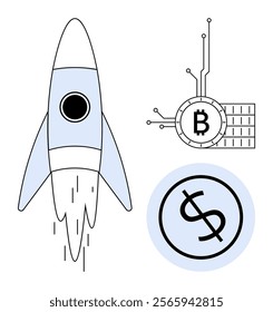 Rocket launching with a dollar symbol and Bitcoin icon emphasizes cryptocurrency growth and innovation. Ideal for finance, technology, investment, blockchain, and market trends themes. Clean