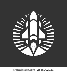 Rocket launching with dynamic rays around it in a stylish monochrome design