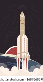 
A rocket launching from Earth into outer space. Spacecraft launch. Vector illustration for the day of astronautics. April 12th