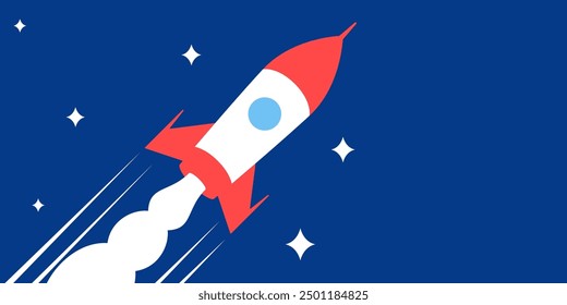 Rocket launching flying through sky with stars in background. Space exploration startup innovation. Vector illustration