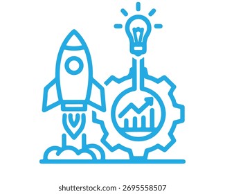 A rocket launching with a gear and lightbulb, representing innovation and growth isolated on white background startup and business development concept illustration