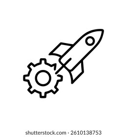 Rocket launching with gear, symbolizing innovation and growth.	