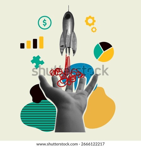 A rocket launching from a hand, sales chart icons. Symbol of startup growth, success, and innovation in a modern collage style. Business and financial success concept. Income growth. Increasing profit