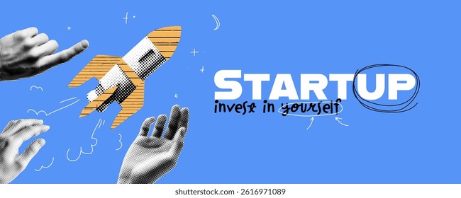 A rocket launching from a hand. Symbol of startup growth, success, and innovation in a modern collage style.