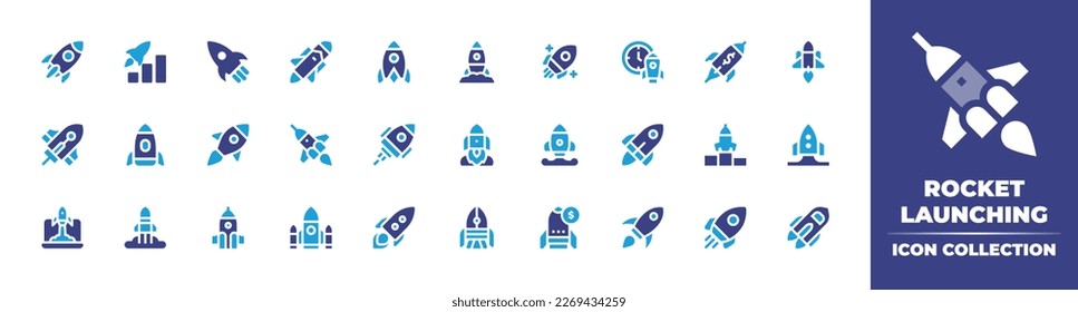 Rocket launching icon collection. Duotone color. Vector illustration. Containing start up, high, startup, spacecraft, rocket, new project, take off, boost, shuttle.