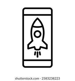 Rocket launching icon on a smartphone screen. Editable stroke.