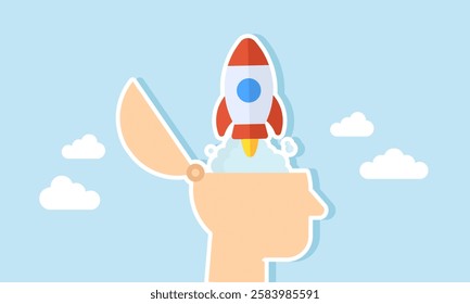 A rocket launching from inside a head, illustration of emerging business ideas and innovations