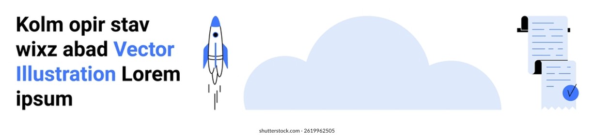 Rocket launching into cloud, two documents with checkmark icons and text. Ideal for business growth, startups, technology, cloud computing, project management, digital documentation, and website